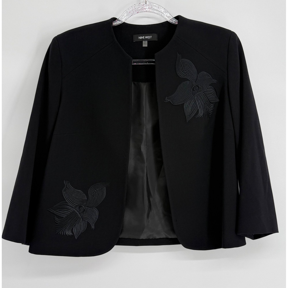 Nine West Womens Black Floral Applique Open Front Collarless Blazer Jacket Sz 8